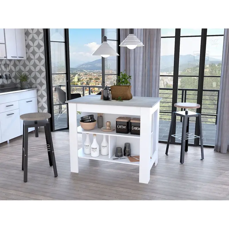 HomeRoots Marble and White Kitchen Island with Three Storage Shelves - 27.5 X 40.50 X 27.50