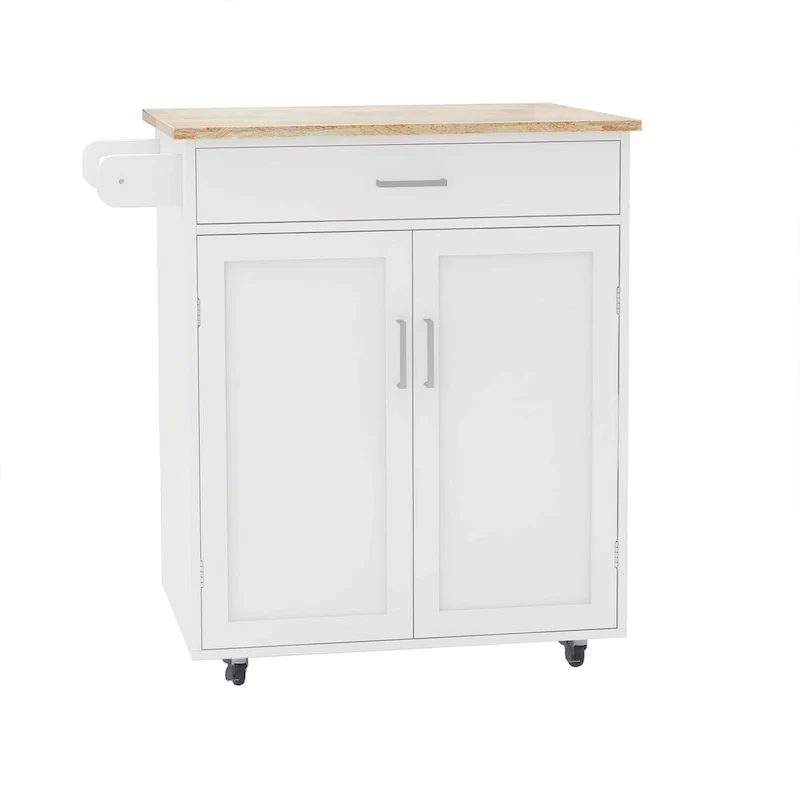Rolling Kitchen Island with Rubber Wood Top, 33-inch White Storage Trolley Cart with 1 Drawer, Adjustable Shelves & Towel Rack