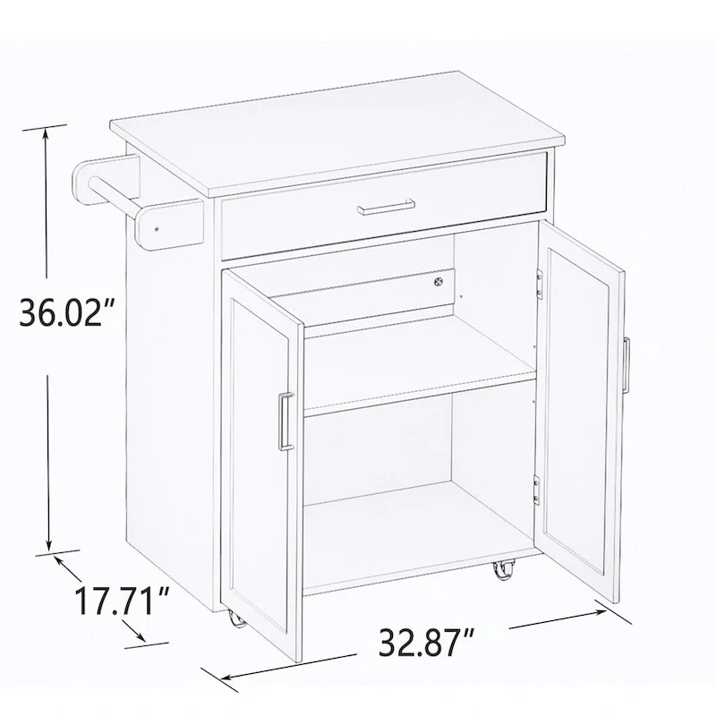 Rolling Kitchen Island with Rubber Wood Top, 33-inch White Storage Trolley Cart with 1 Drawer, Adjustable Shelves & Towel Rack