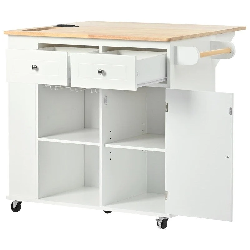 Drop Leaf Rubber Wood Kitchen Island with Power Outlet,Wine Rack