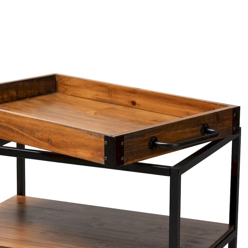 Industrial Oak Brown Bar Cart with Stemware Rack