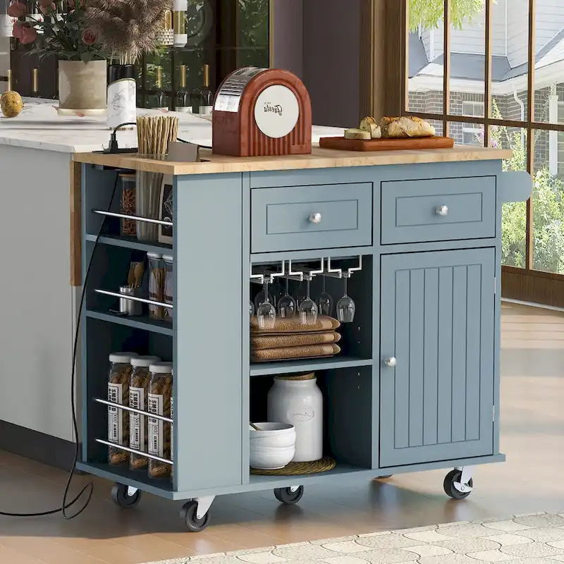 Kitchen Island with Power Outlet,Kitchen Storage Island with Drop Leaf and Rubber Wood - N/A