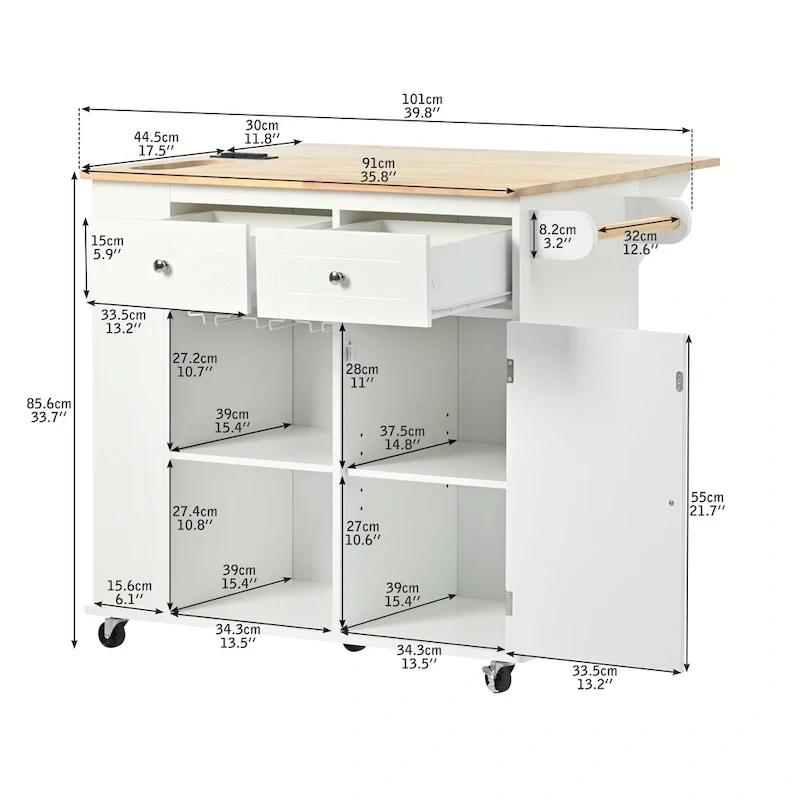Kitchen Island with Power Outlet,Kitchen Storage Island with Drop Leaf and Rubber Wood - N/A
