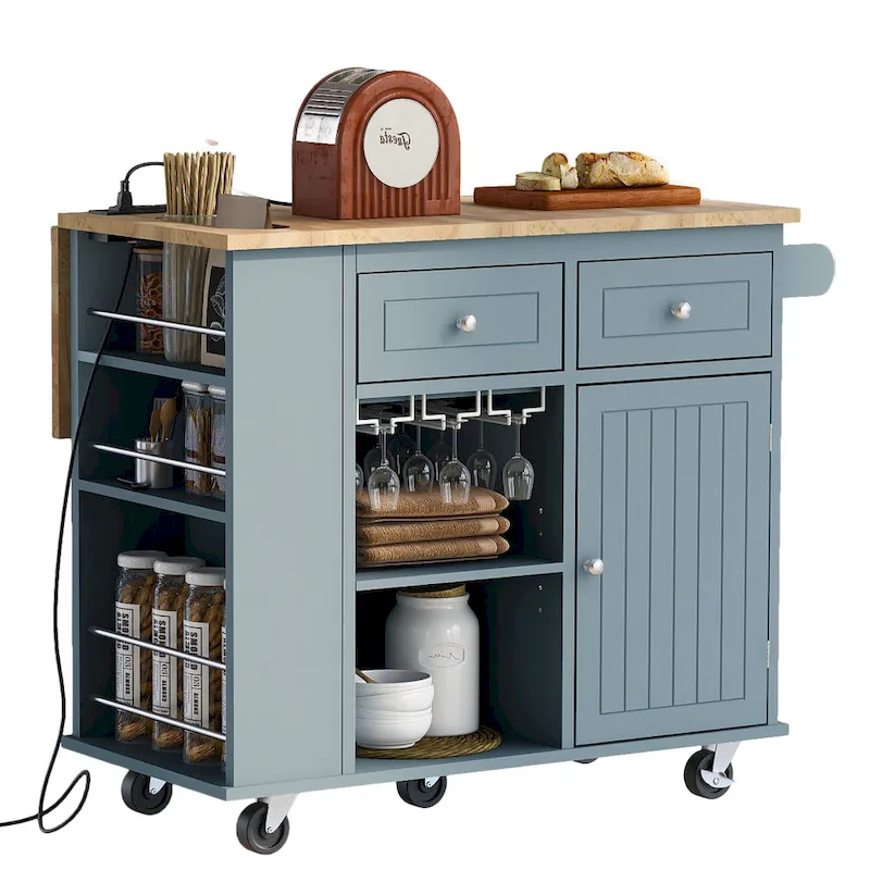 Kitchen Island with Power Outlet,Kitchen Storage Island with Drop Leaf and Rubber Wood - N/A