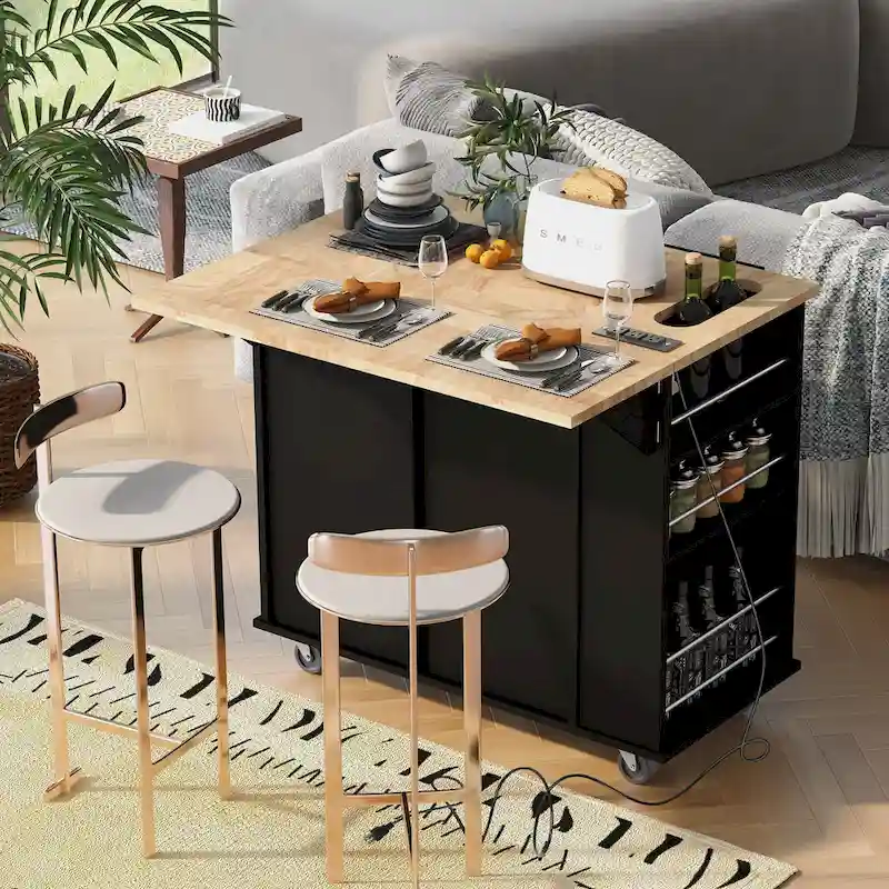 Kitchen Island with Power Outlet,Kitchen Storage Island with Drop Leaf and Rubber Wood - N/A