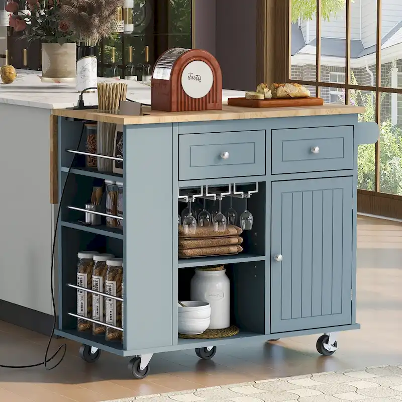 Kitchen Island with Power Outlet,Kitchen Storage Island with Drop Leaf and Rubber Wood - N/A