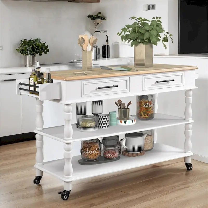 Rolling OAK Wood Top Kitchen Cart with Wine Rack and 2 Drawers