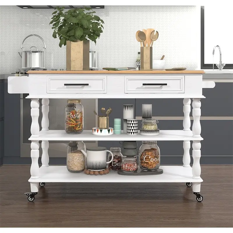 Rolling OAK Wood Top Kitchen Cart with Wine Rack and 2 Drawers