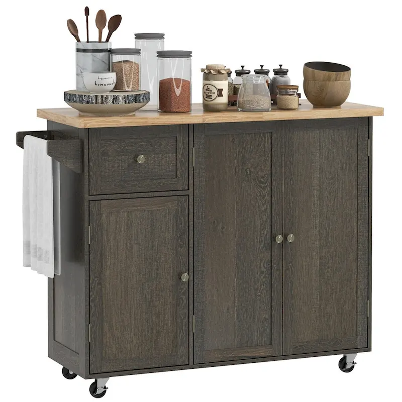 Triple-Cabinet Rolling Kitchen Island with Storage Shelf Adjustment