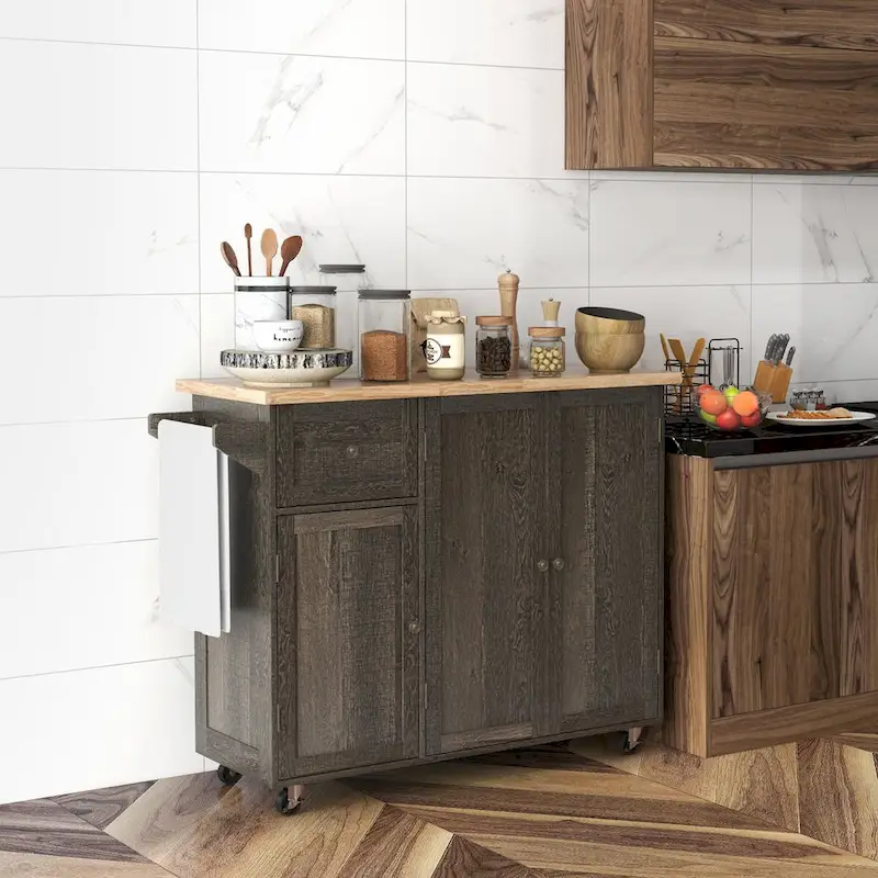Triple-Cabinet Rolling Kitchen Island with Storage Shelf Adjustment