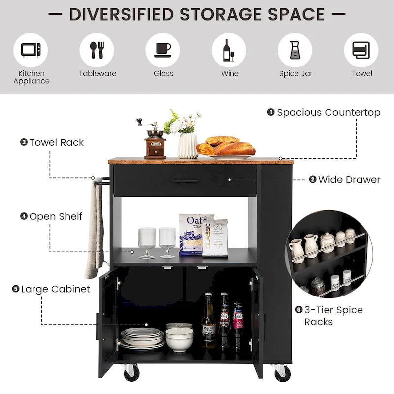 Kitchen Island Cart Rolling Storage Cabinet w/ Drawer & Rack Shelf