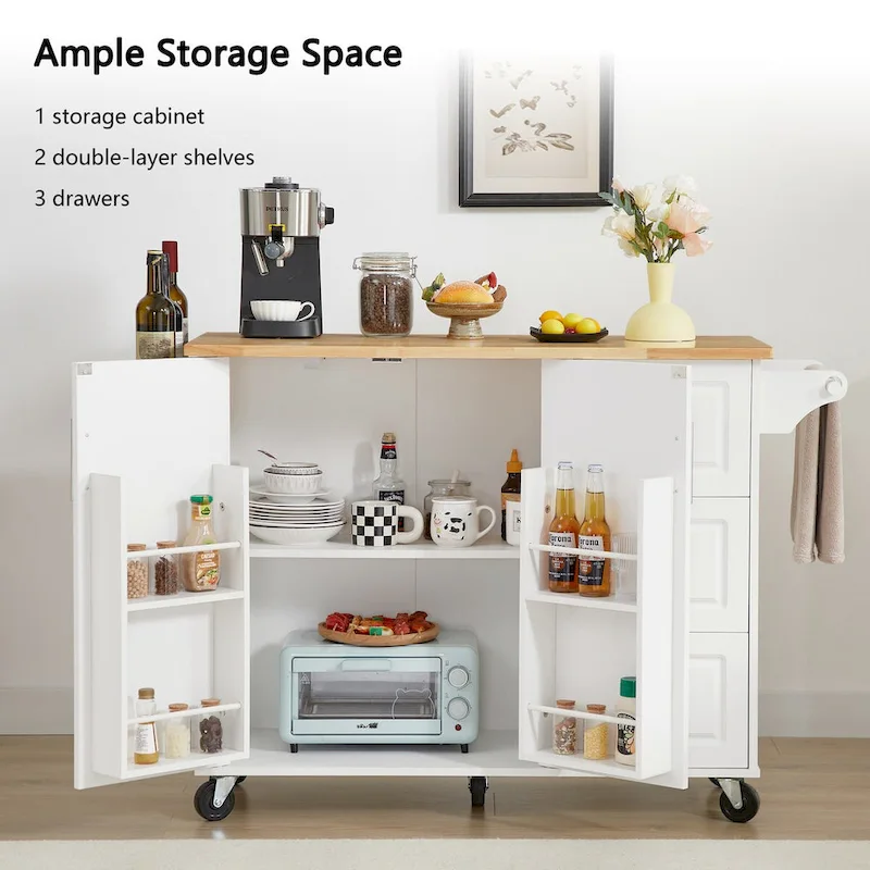 Rolling Kitchen Island with Drop Leaf Countertop,Barn Door Kitchen Island Table with Storage Cabinet and Tower Rack