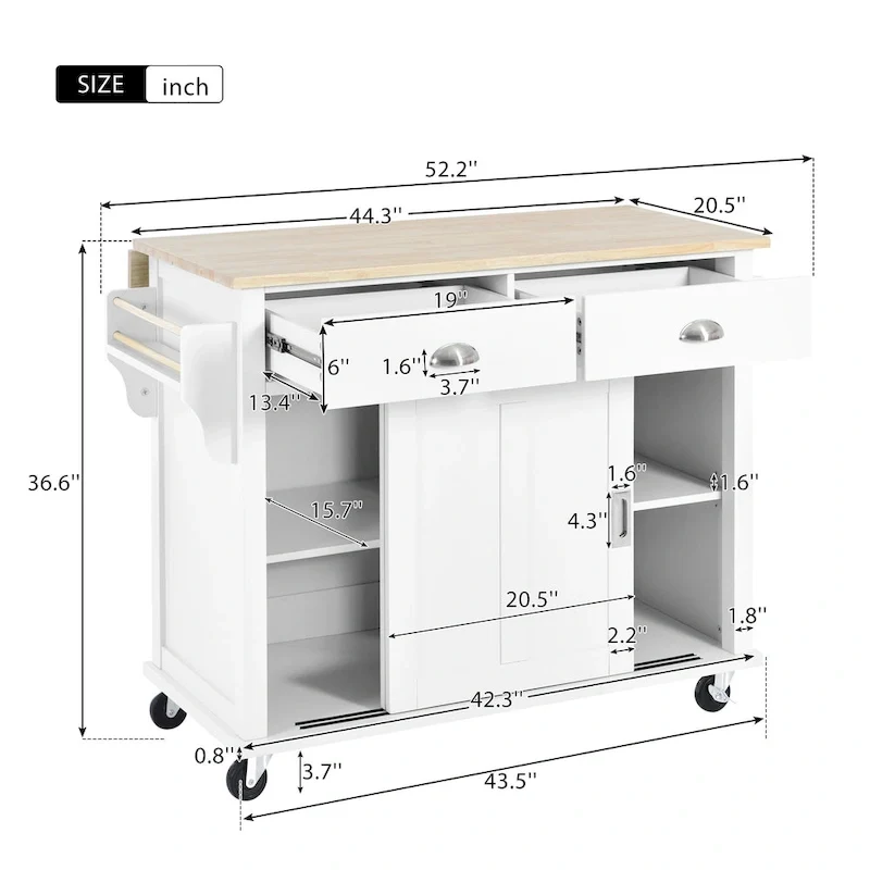 Kitchen Cart with Rubber wood Drop-Leaf Countertop, sliding barn door