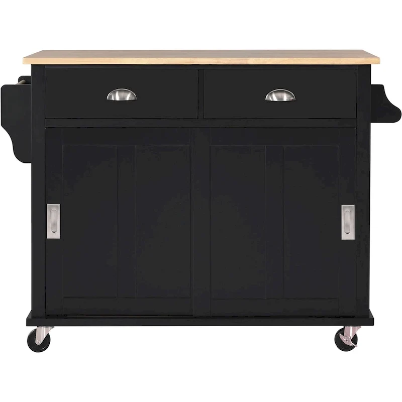 Kitchen Cart with Rubber wood Drop-Leaf Countertop, sliding barn door