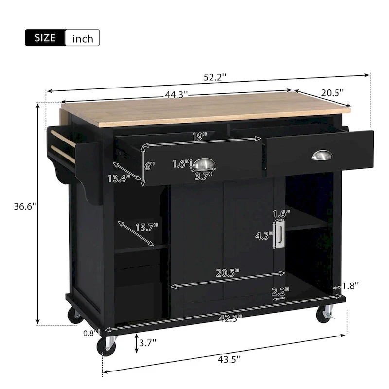 Kitchen Cart with Rubber wood Drop-Leaf Countertop, sliding barn door