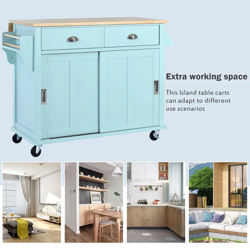 Kitchen Cart with Rubber wood Drop-Leaf Countertop, sliding barn door