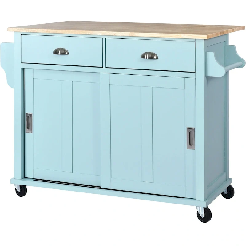 Kitchen Cart with Rubber wood Drop-Leaf Countertop, sliding barn door