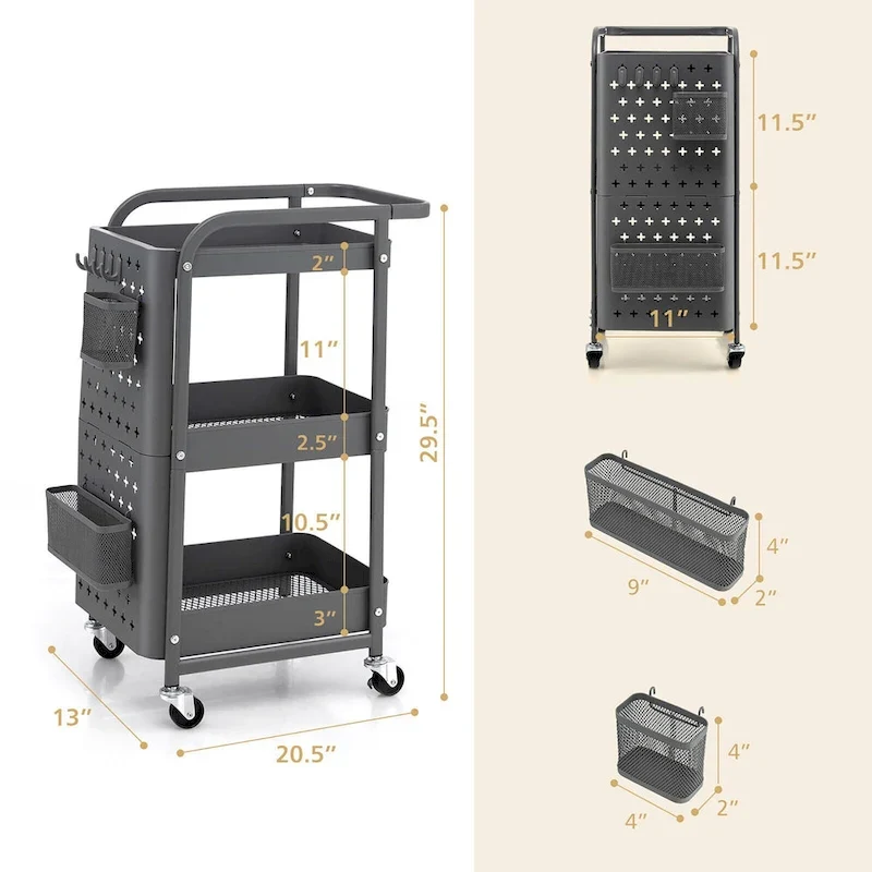 Gymax 3-Tier Utility Storage Cart Metal Rolling Trolley w/ DIY