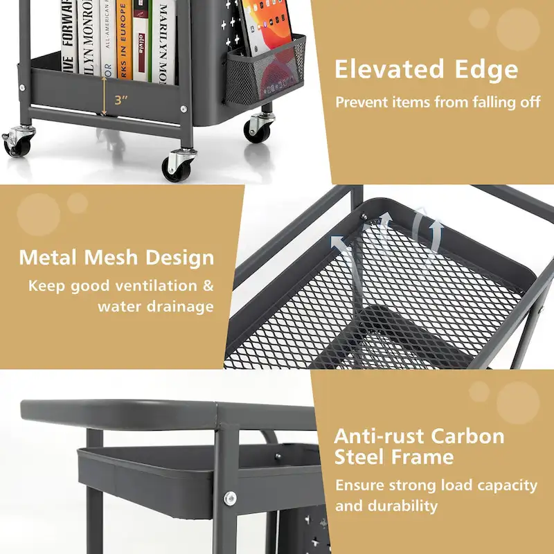 Gymax 3-Tier Utility Storage Cart Metal Rolling Trolley w/ DIY