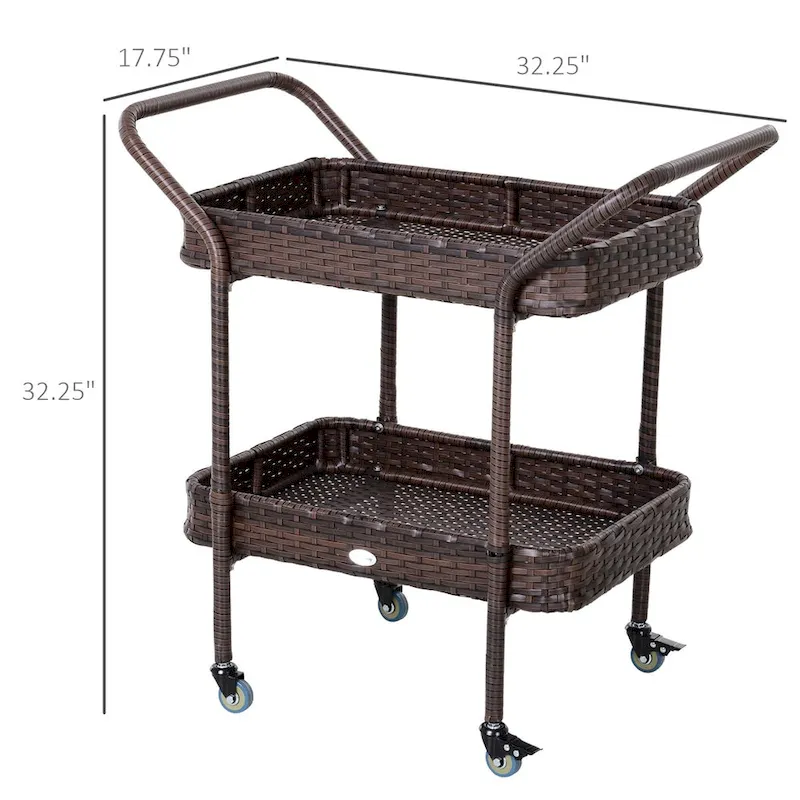 Rattan Wicker Serving Cart with 2-Tier Open Shelf, Brakes