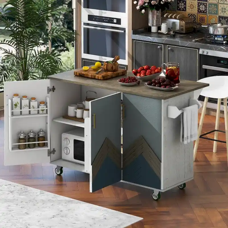 Retro MDF Kitchen Island on Wheels with Drop Leaf and Towel Rack