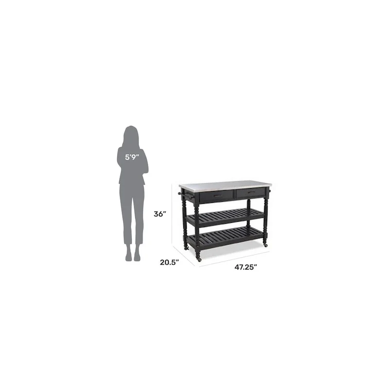Homestyles General Line Black Mobile Kitchen Cart with Stainless Steel Top