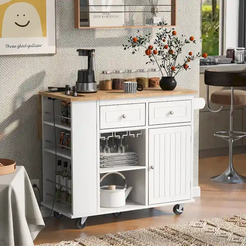 Adjustable Shelves Kitchen Island with Power Outlet and Drop Leaf