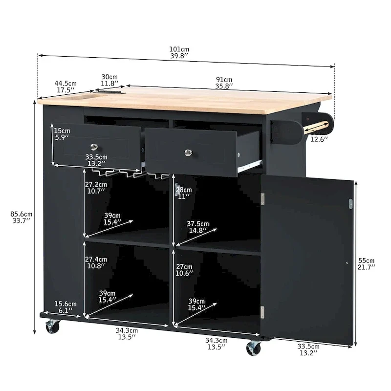 Adjustable Shelves Kitchen Island with Power Outlet and Drop Leaf