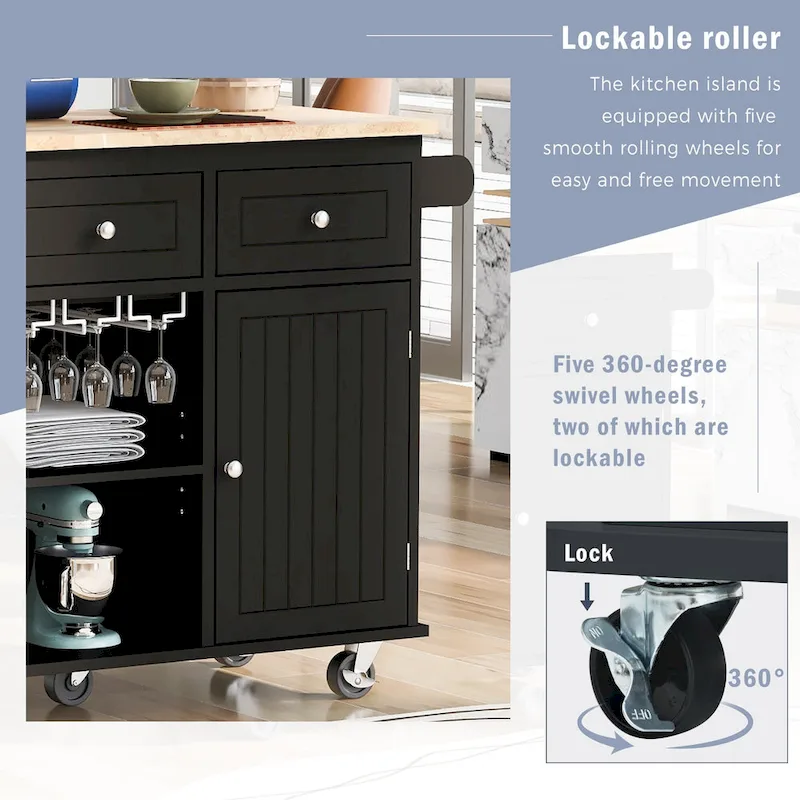 Adjustable Shelves Kitchen Island with Power Outlet and Drop Leaf