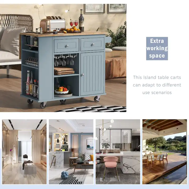 Adjustable Shelves Kitchen Island with Power Outlet and Drop Leaf