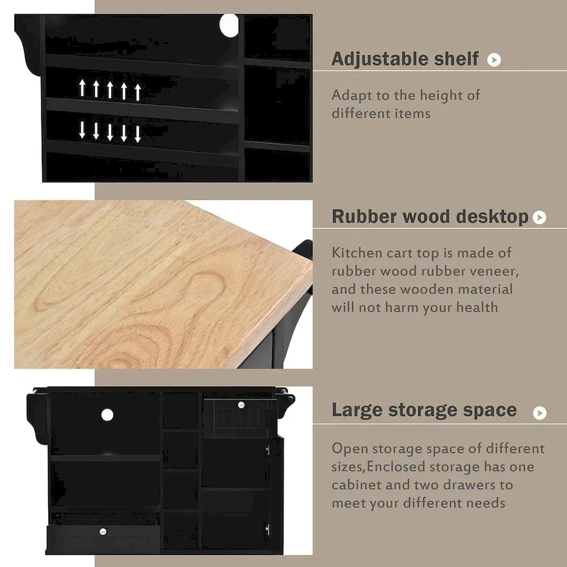 50.80 W Versatile Solid Wood Countertop Kitchen Island with Storage and Two Locking Wheels