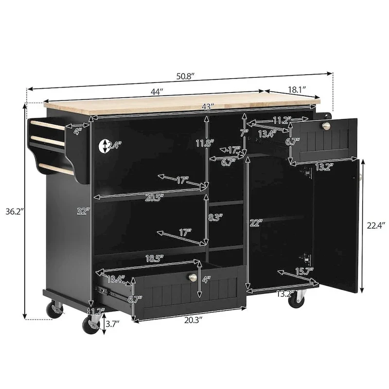 50.80 W Versatile Solid Wood Countertop Kitchen Island with Storage and Two Locking Wheels