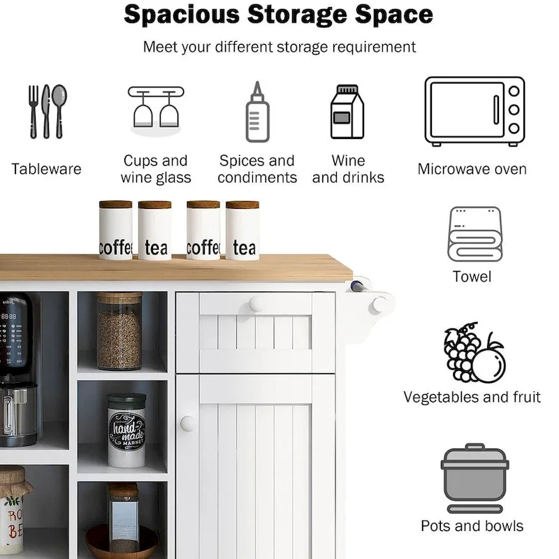 50.80 W Versatile Solid Wood Countertop Kitchen Island with Storage and Two Locking Wheels