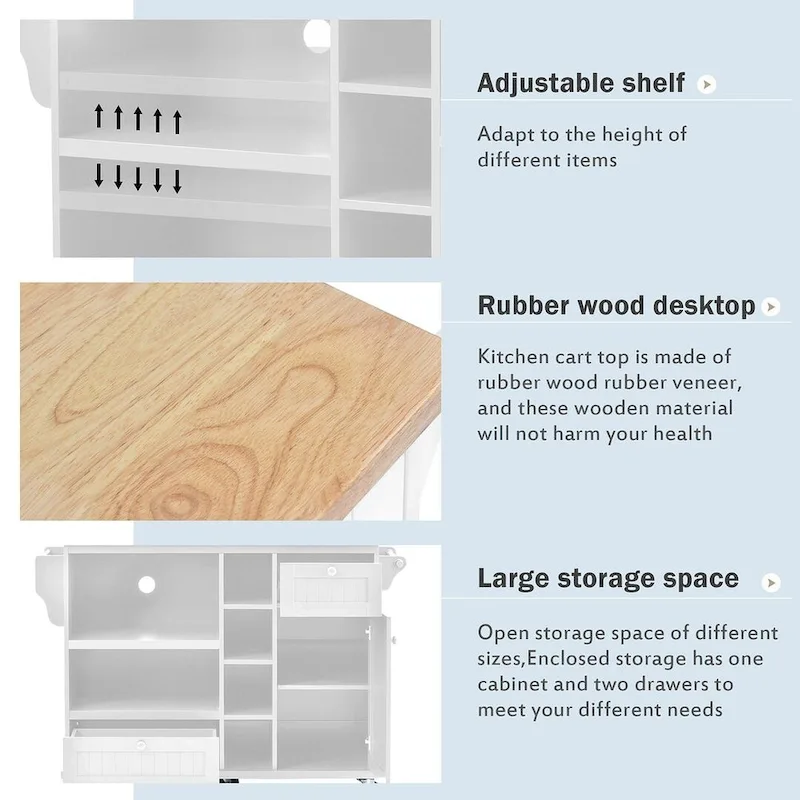 50.80 W Versatile Solid Wood Countertop Kitchen Island with Storage and Two Locking Wheels