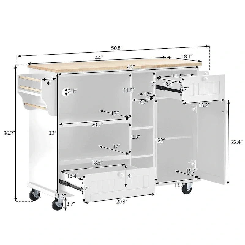 50.80 W Versatile Solid Wood Countertop Kitchen Island with Storage and Two Locking Wheels