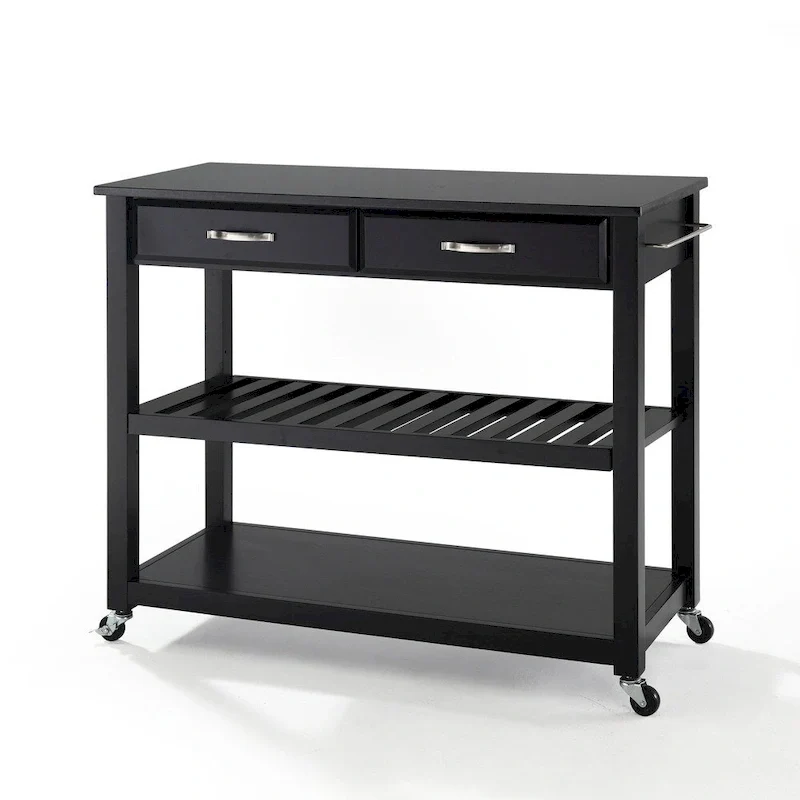 Crosley Solid Black Granite Top Kitchen Cart/Island With Optional Stool Storage in Black Finish - 17d x 43w x 35h