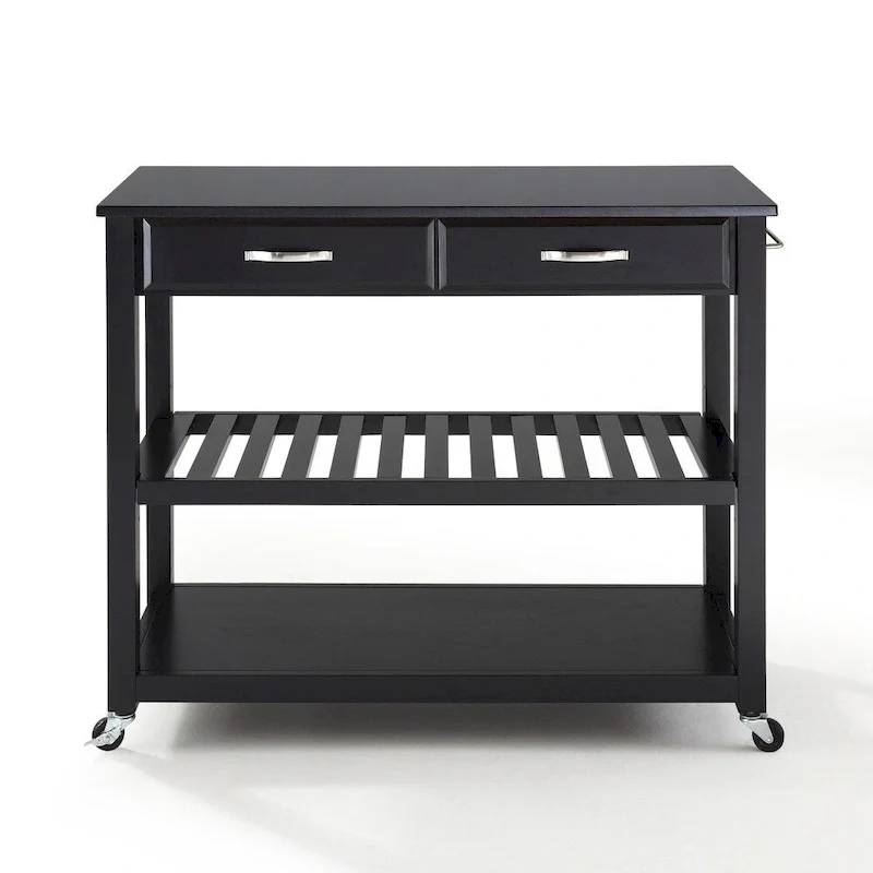 Crosley Solid Black Granite Top Kitchen Cart/Island With Optional Stool Storage in Black Finish - 17d x 43w x 35h