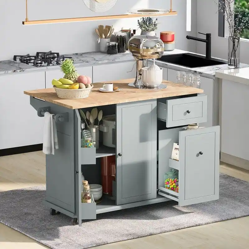 Kitchen Island with Drop Leaf, Rolling Kitchen Cart with Internal Storage Rack