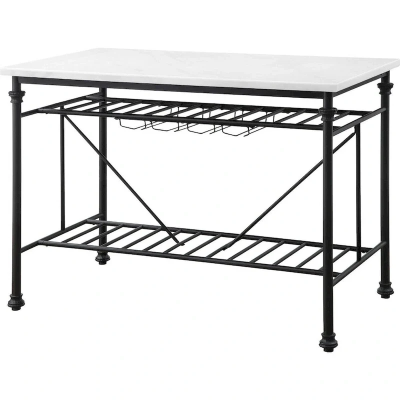 Kitchen Island with Marble Top and Slatted Shelf, Black and White