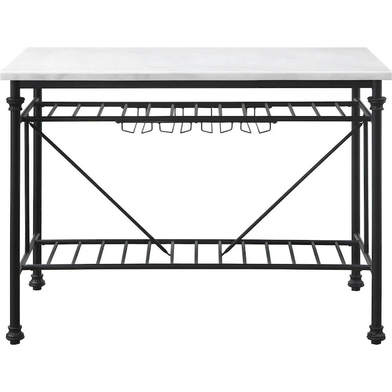 Kitchen Island with Marble Top and Slatted Shelf, Black and White