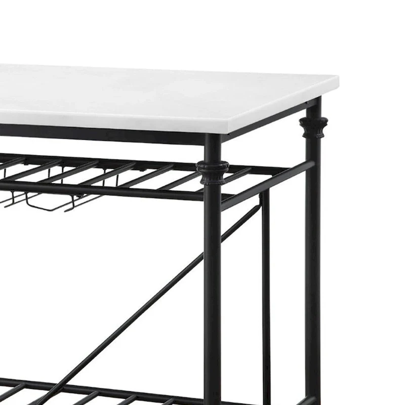 Kitchen Island with Marble Top and Slatted Shelf, Black and White
