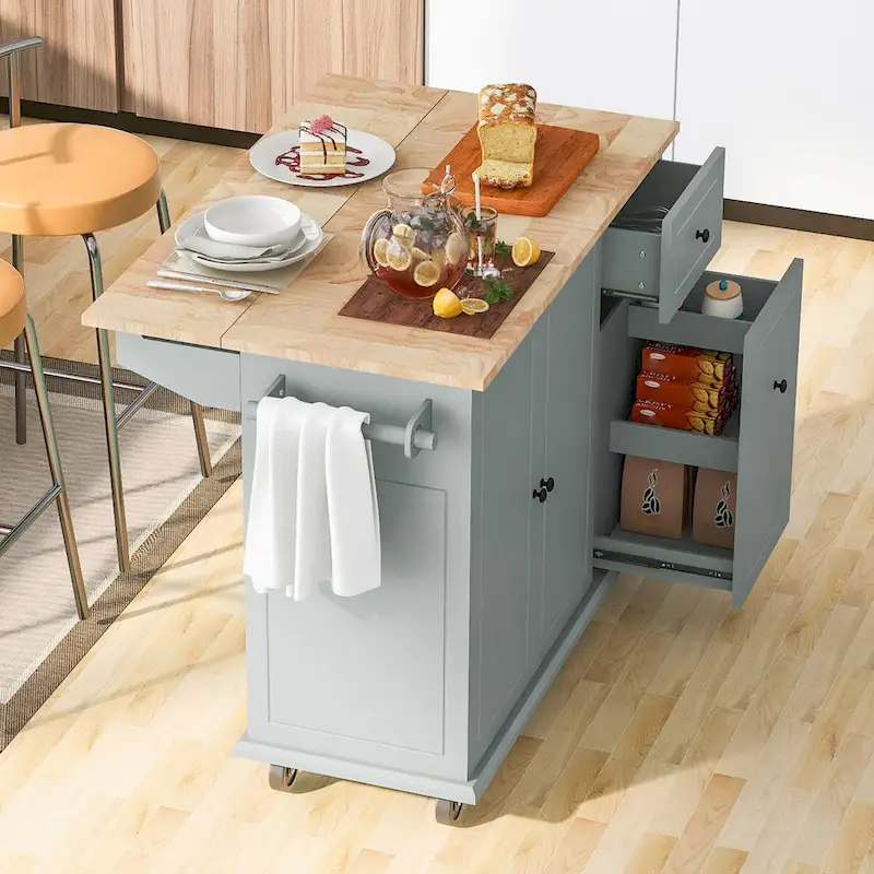 Kitchen Island with Drop Leaf, Rolling Cart on Wheels with Storage Rack and 3 Tier Pull Out Cabinet Organizer with Spice Rack