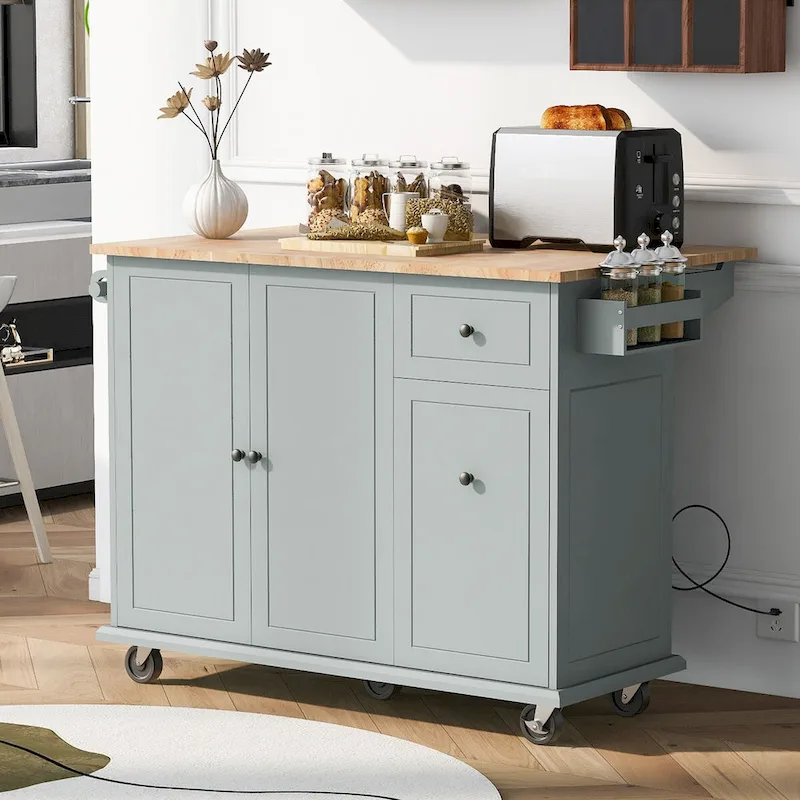 Kitchen Island with Drop Leaf, Rolling Cart on Wheels with Storage Rack and 3 Tier Pull Out Cabinet Organizer with Spice Rack