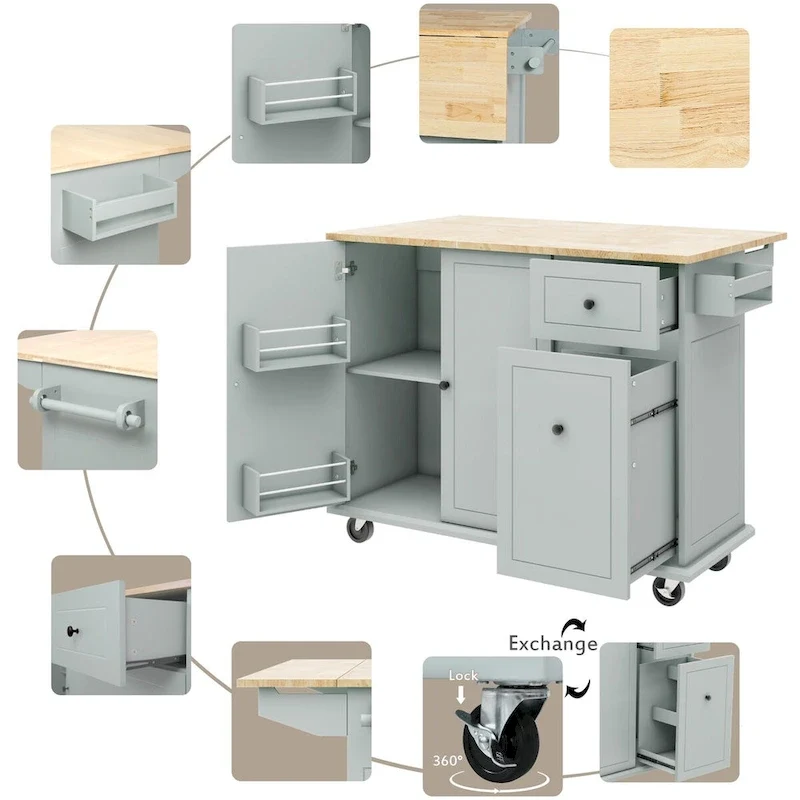 Kitchen Island with Drop Leaf, Rolling Cart on Wheels with Storage Rack and 3 Tier Pull Out Cabinet Organizer with Spice Rack