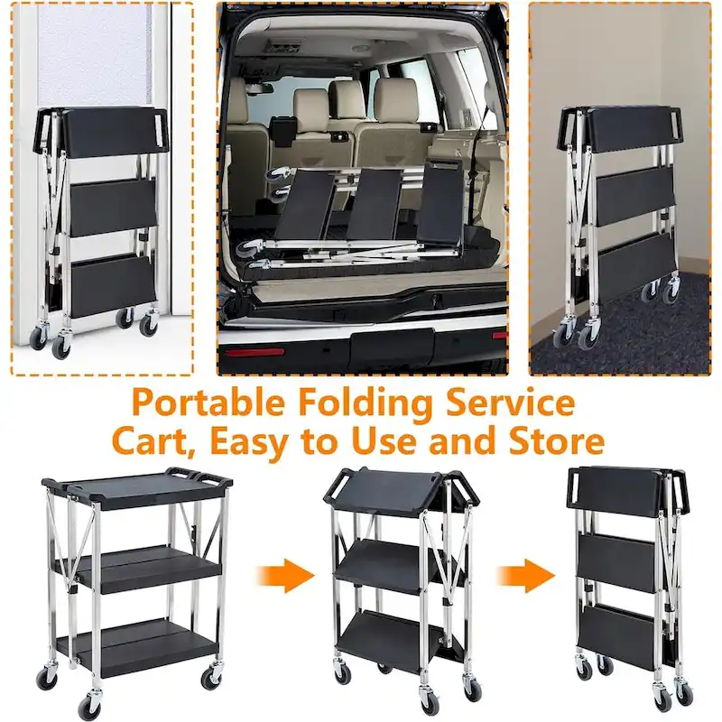 Foldable Utility Black 3-Tier Service Cart with Wheels Lockable - N/A