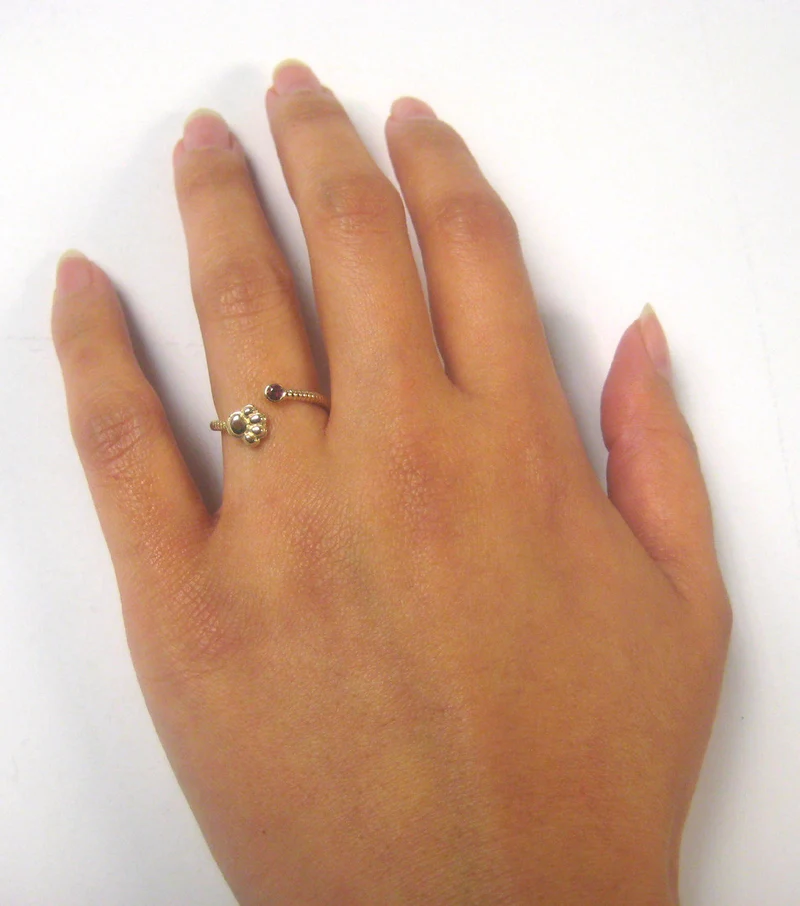 Sterling Silver or Gold Paw Print Ring with Ruby