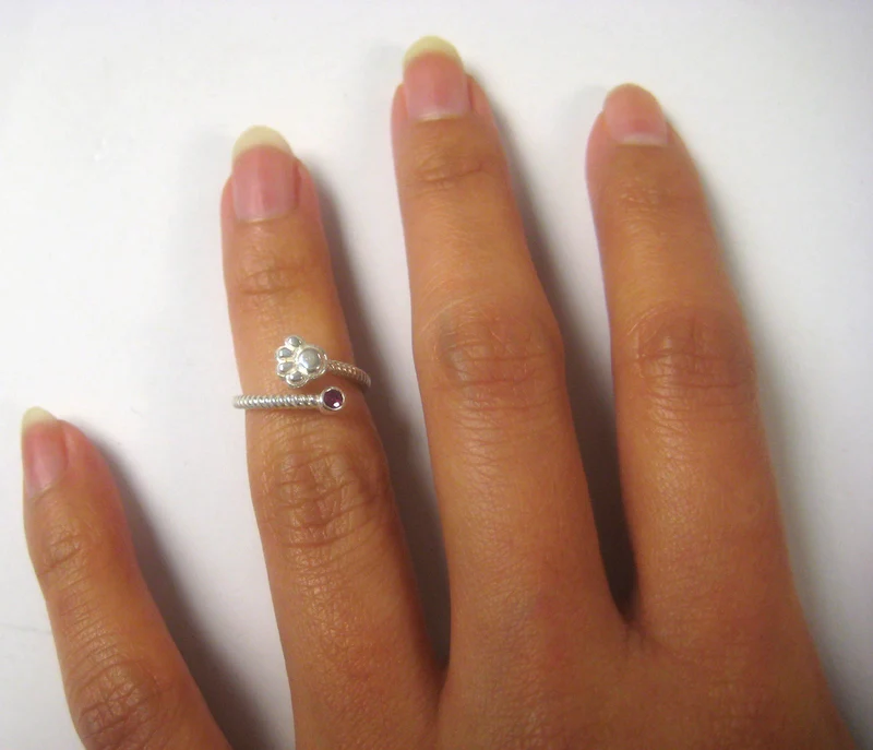 Sterling Silver or Gold Paw Print Ring with Ruby