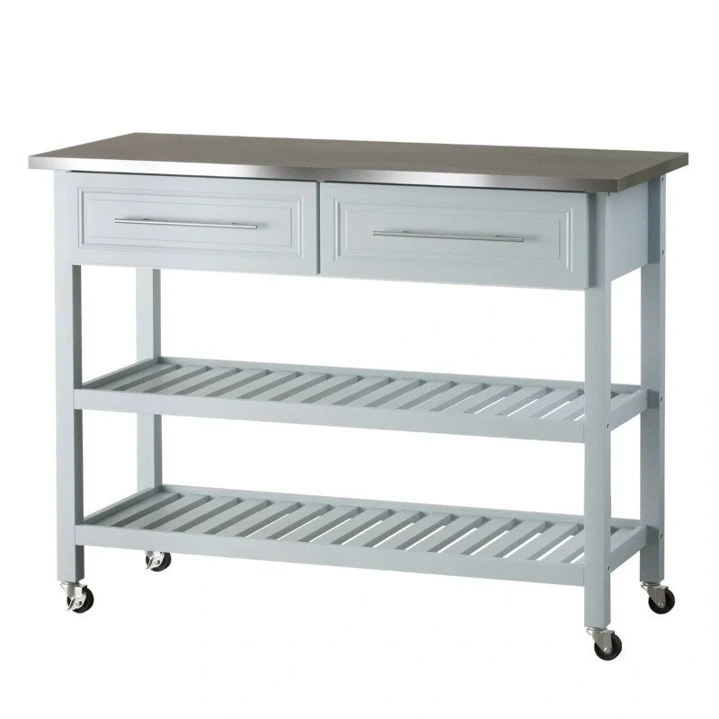 Light Gray Rolling Kitchen Island 2 Drawers Storage with Stainless Steel Top - 47.25 inches L x 19.75 inches W x 36 inches H
