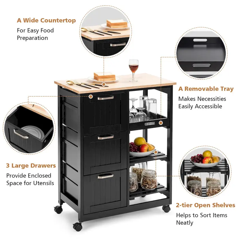 Rolling Kitchen Storage Cart with Large Storage Drawers and Shelves