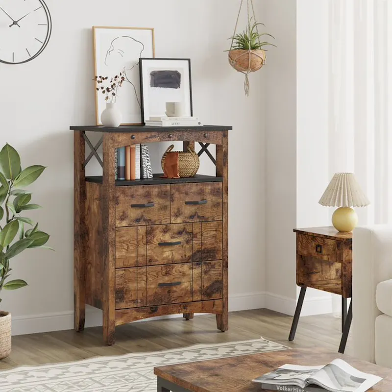 Bestier Living Room Storage Cabinet with 2 Shelves and 4 Drawers, Dark Brown - 68